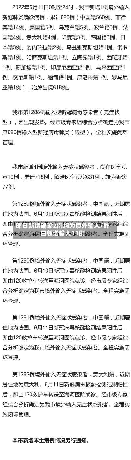 昨日新增确诊2例均为境外输入/昨日新增输入11例